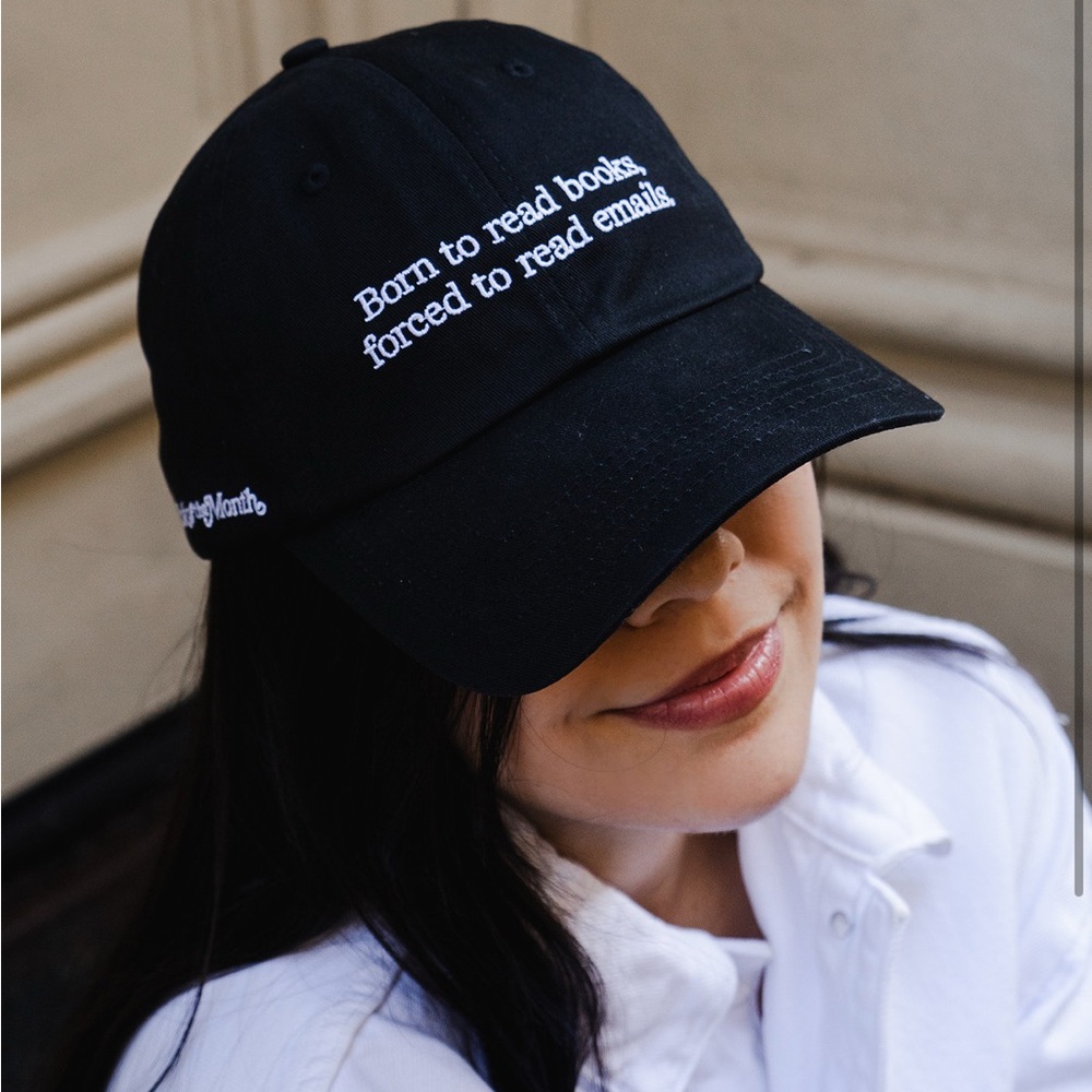 Black Embroidered Baseball Cap - Born to read books, forced to read emails